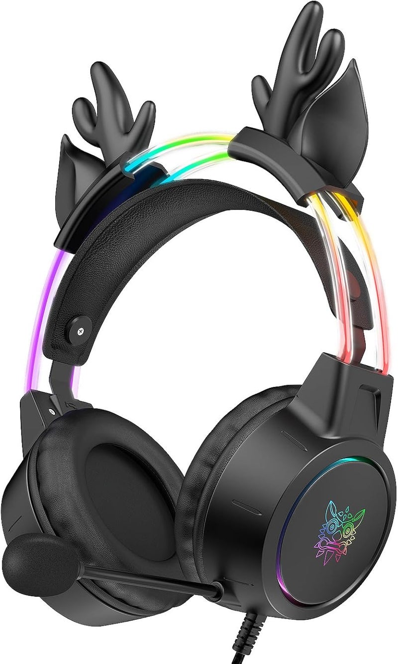 ONITOON Lightweight Gaming Headset with Detachable Deer Ear, RGB Lighting, Wired Over Ear Headphones with Mic for PC, PS4, PS5, Switch, Stereo Surround Sound, Self-Adjusting Headband - Image 1